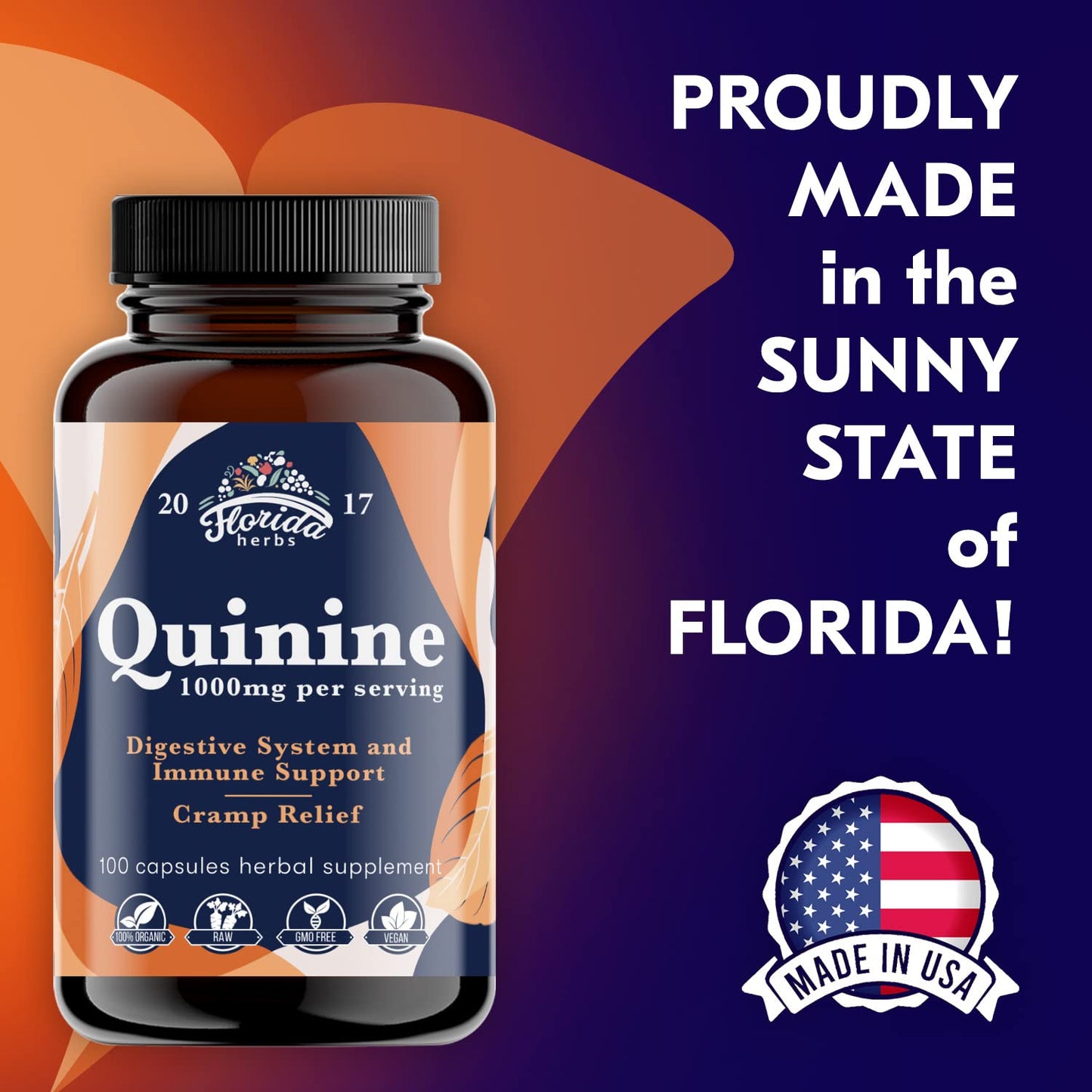 FLORIDA HERBS Quinine for Leg Cramps 1000 mg - 110 Capsules - Cinchona Bark Extract Supplement - Quinine Capsules - Vegan, Non - GMO - dailyvitalstore