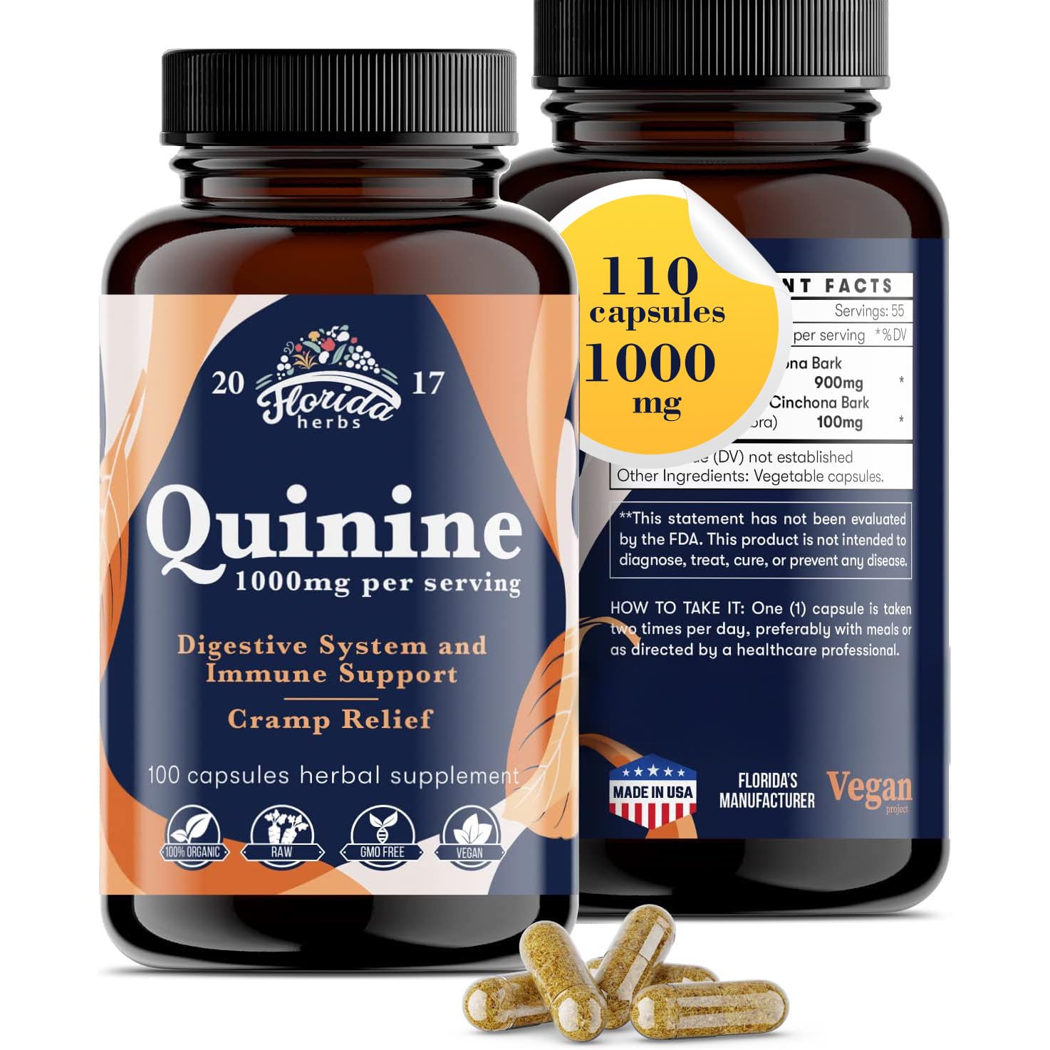 FLORIDA HERBS Quinine for Leg Cramps 1000 mg - 110 Capsules - Cinchona Bark Extract Supplement - Quinine Capsules - Vegan, Non - GMO - dailyvitalstore