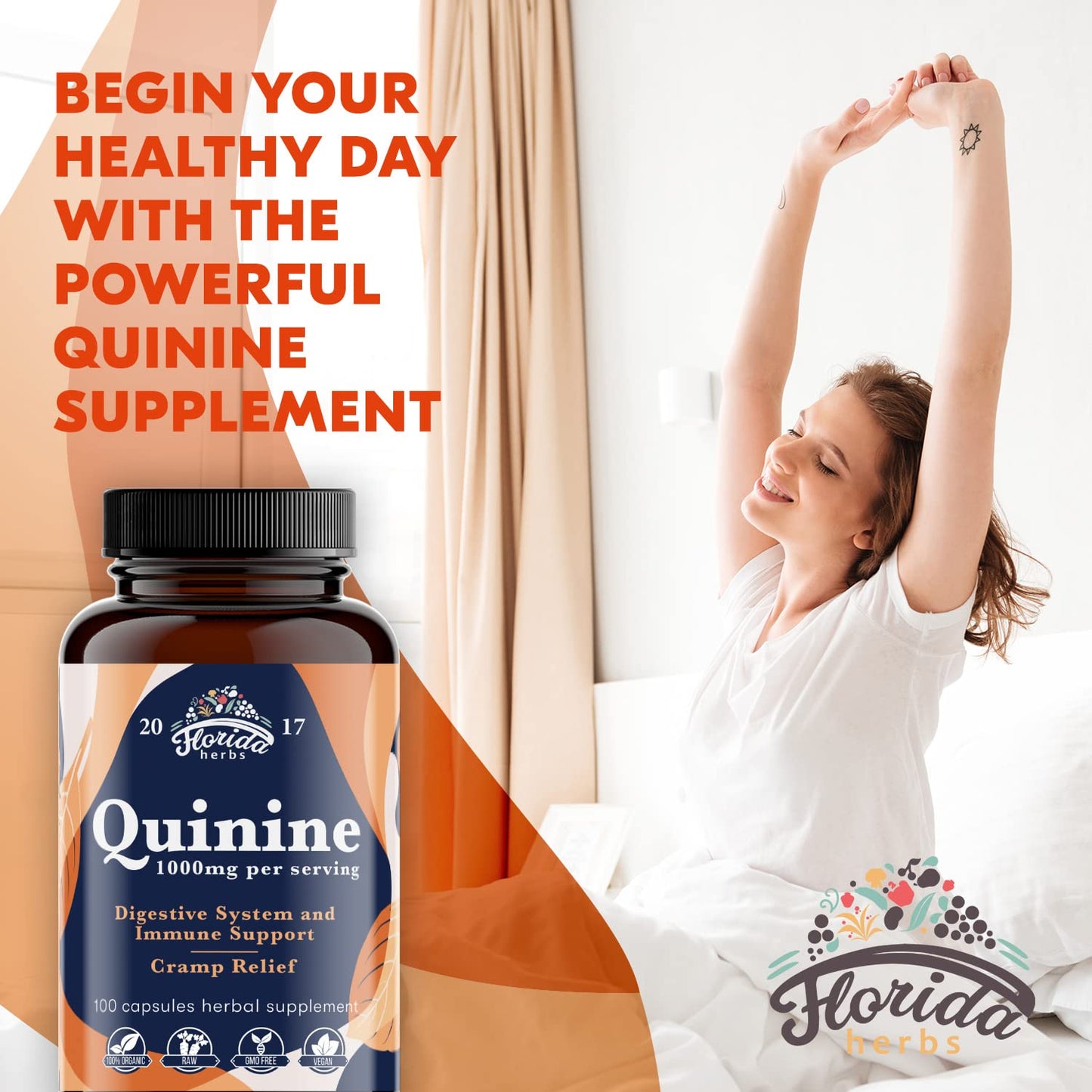 FLORIDA HERBS Quinine for Leg Cramps 1000 mg - 110 Capsules - Cinchona Bark Extract Supplement - Quinine Capsules - Vegan, Non - GMO - dailyvitalstore