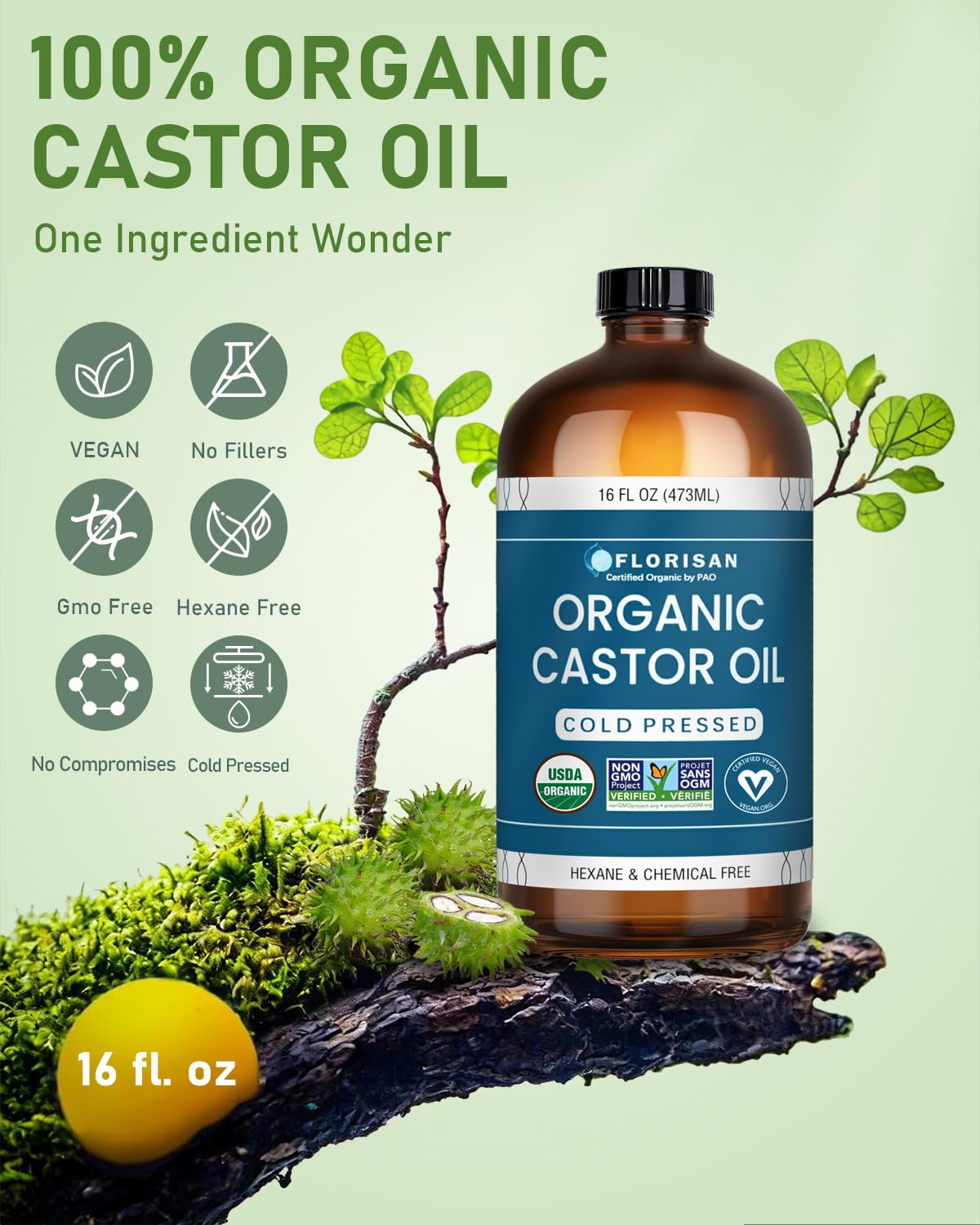 Florisan USDA Certified Organic Castor Oil 16oz Glass Bottle, Cold Pressed, Hexane-Free, Non-GMO, Vegan, 100% Pure Castor Oil for Hair Growth, - dailyvitalstore