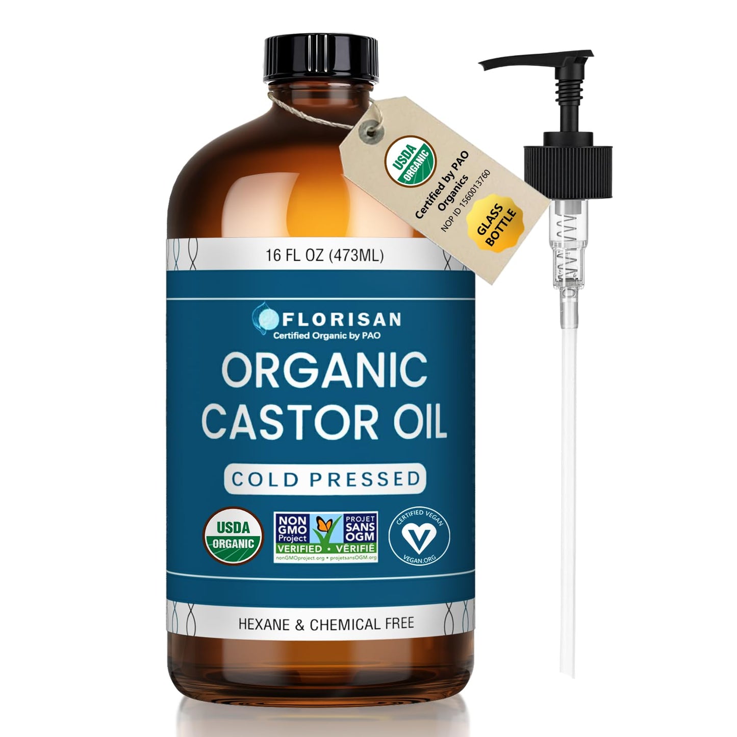 Florisan USDA Certified Organic Castor Oil 16oz Glass Bottle, Cold Pressed, Hexane-Free, Non-GMO, Vegan, 100% Pure Castor Oil for Hair Growth, - dailyvitalstore