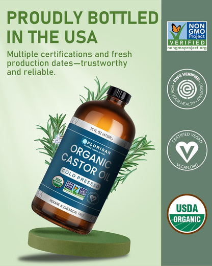 Florisan USDA Certified Organic Castor Oil 16oz Glass Bottle, Cold Pressed, Hexane-Free, Non-GMO, Vegan, 100% Pure Castor Oil for Hair Growth, - dailyvitalstore