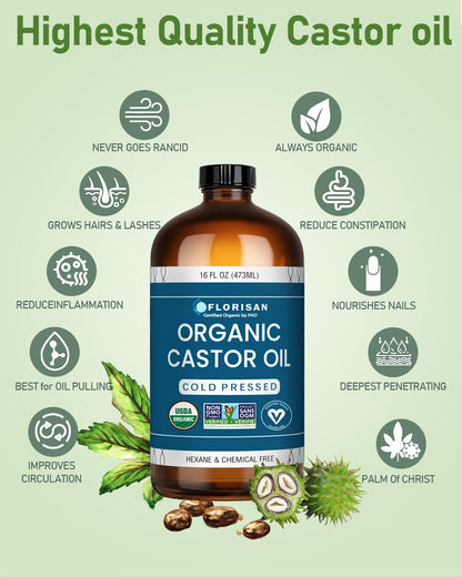 Florisan USDA Certified Organic Castor Oil 16oz Glass Bottle, Cold Pressed, Hexane-Free, Non-GMO, Vegan, 100% Pure Castor Oil for Hair Growth, - dailyvitalstore