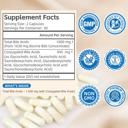 Florvyn Conjugated Bile Acid Supplement 1000mg – Supports Fat Digestion & Absorption of Fats & Fat-Soluble Nutrients, Gut Comfort & Nutrient Utilization, 60 Capsules, 30 Day Supply - dailyvitalstore