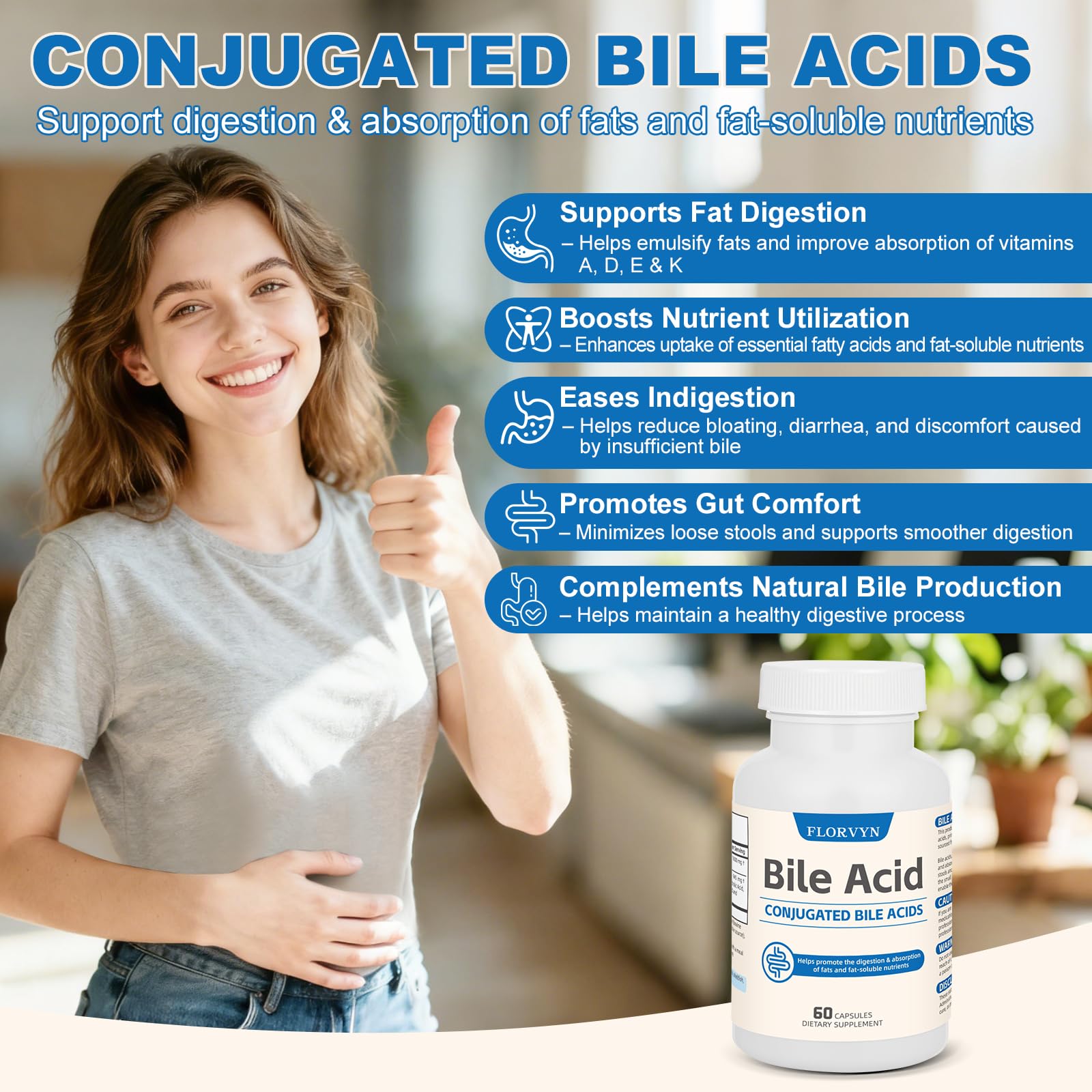 Florvyn Conjugated Bile Acid Supplement 1000mg – Supports Fat Digestion & Absorption of Fats & Fat-Soluble Nutrients, Gut Comfort & Nutrient Utilization, 60 Capsules, 30 Day Supply - dailyvitalstore