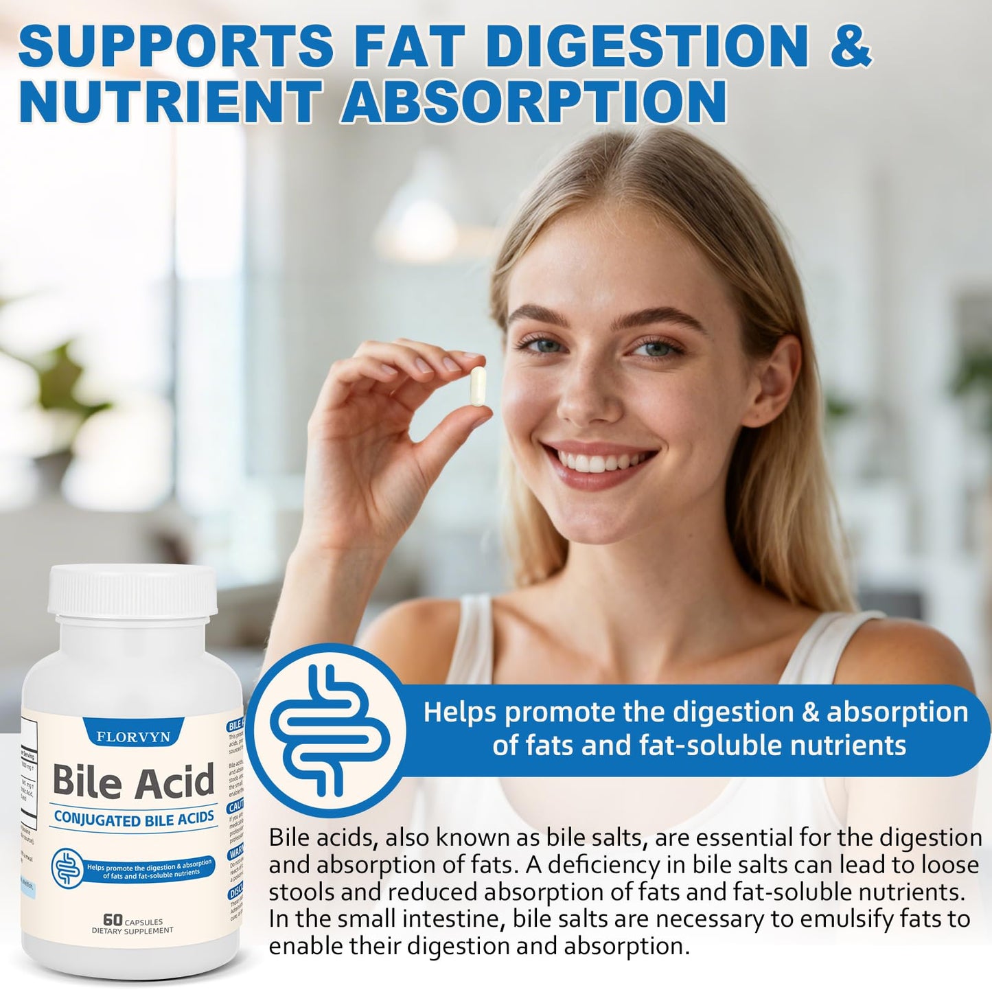 Florvyn Conjugated Bile Acid Supplement 1000mg – Supports Fat Digestion & Absorption of Fats & Fat-Soluble Nutrients, Gut Comfort & Nutrient Utilization, 60 Capsules, 30 Day Supply - dailyvitalstore
