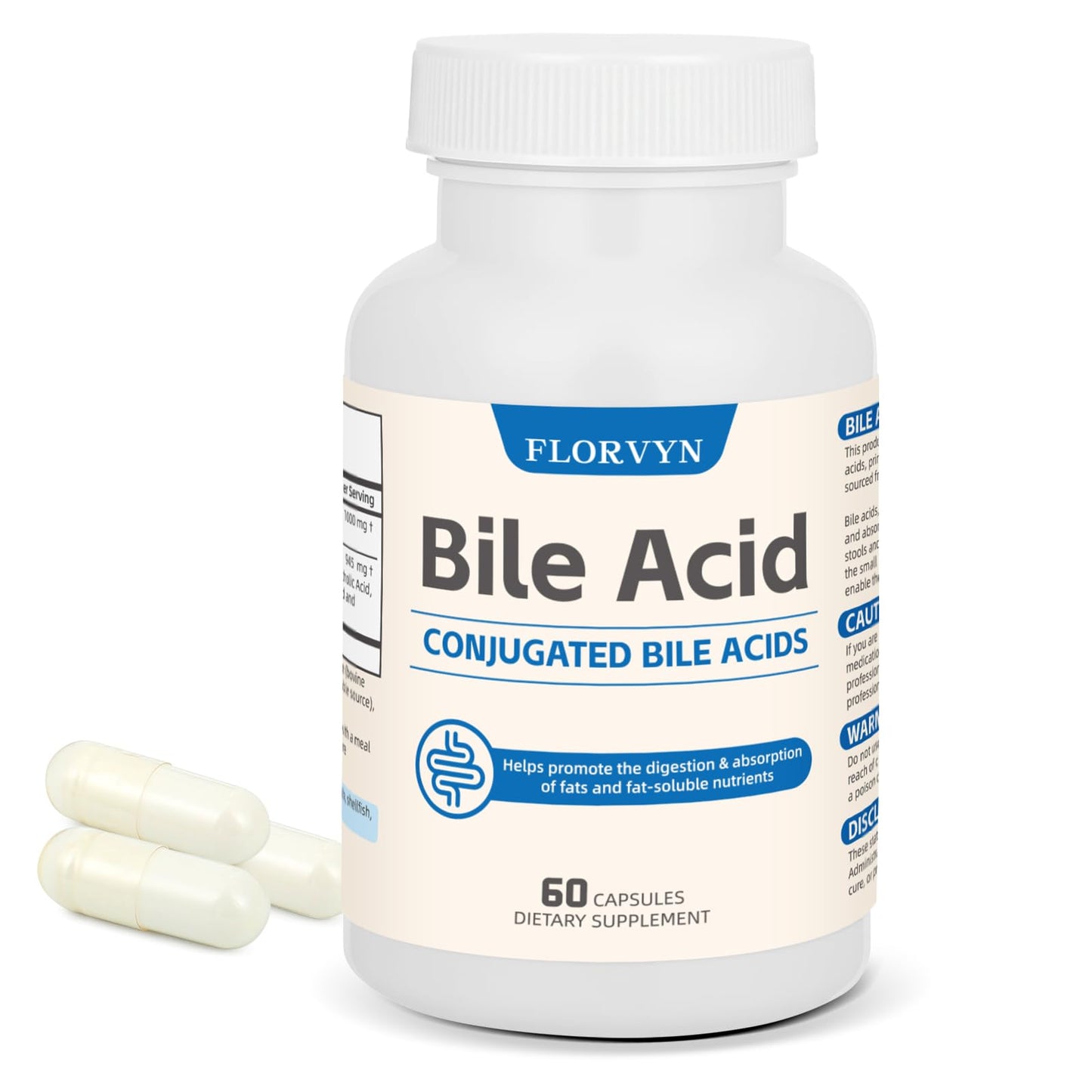 Florvyn Conjugated Bile Acid Supplement 1000mg – Supports Fat Digestion & Absorption of Fats & Fat-Soluble Nutrients, Gut Comfort & Nutrient Utilization, 60 Capsules, 30 Day Supply - dailyvitalstore