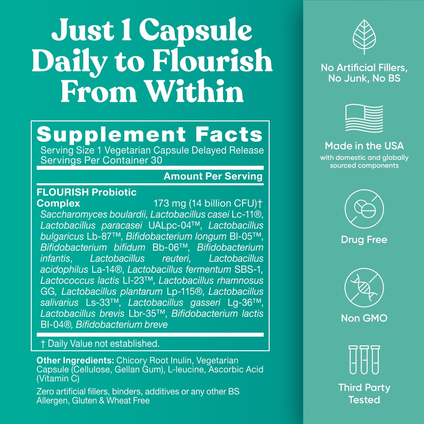 Flourish Probiotics + Prebiotics for Women - Gut and Digestion, Urinary Tract, Reduce Bloating, Vaginal Health - 18 Clinically Proven Strains, 14 Billion CFU - 30 Shelf-Stable Mini Vegan Capsules - dailyvitalstore