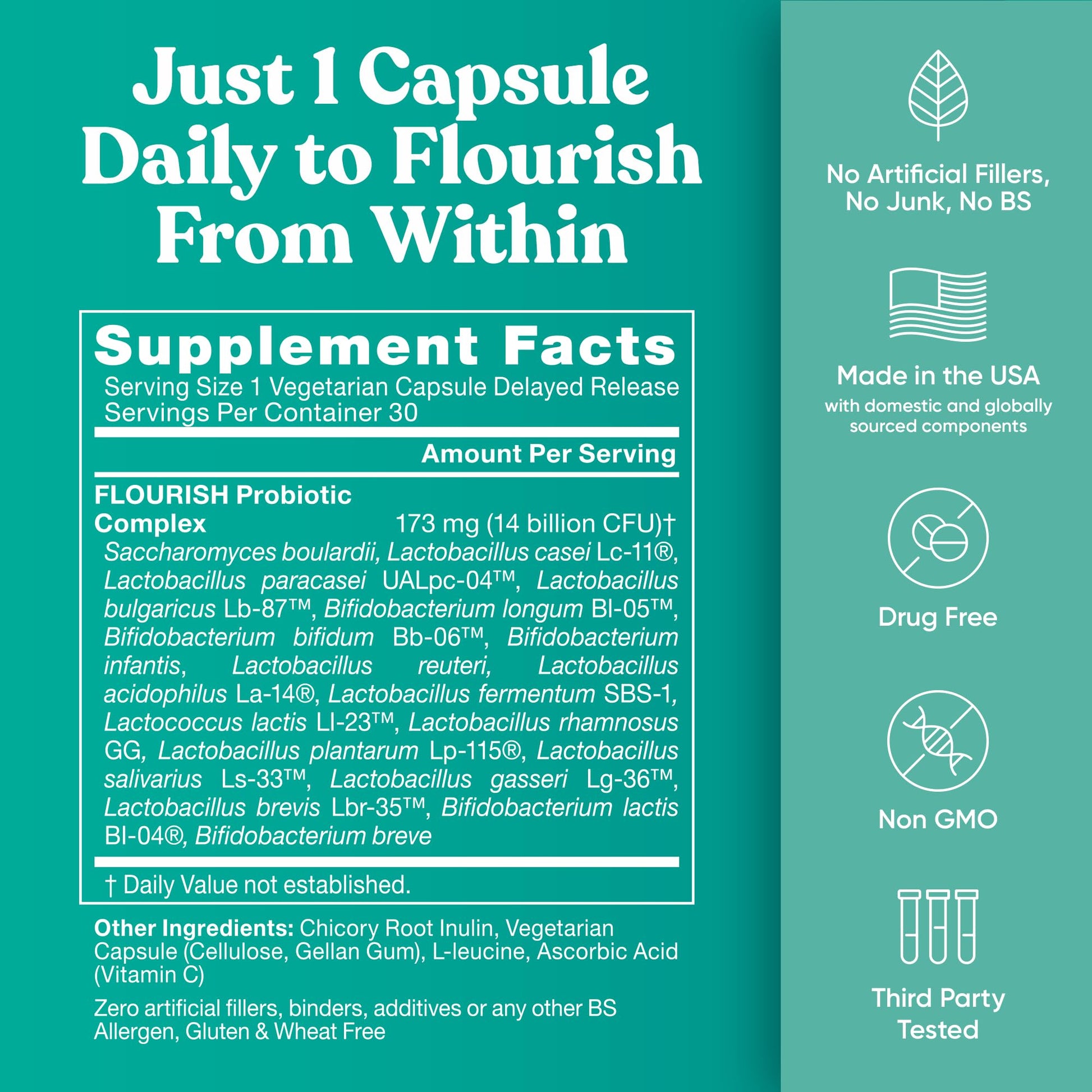 Flourish Probiotics + Prebiotics for Women - Gut and Digestion, Urinary Tract, Reduce Bloating, Vaginal Health - 18 Clinically Proven Strains, 14 Billion CFU - 30 Shelf-Stable Mini Vegan Capsules - dailyvitalstore