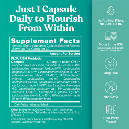 Flourish Probiotics + Prebiotics for Women - Gut and Digestion, Urinary Tract, Reduce Bloating, Vaginal Health - 18 Clinically Proven Strains, 14 Billion CFU - 30 Shelf-Stable Mini Vegan Capsules - dailyvitalstore