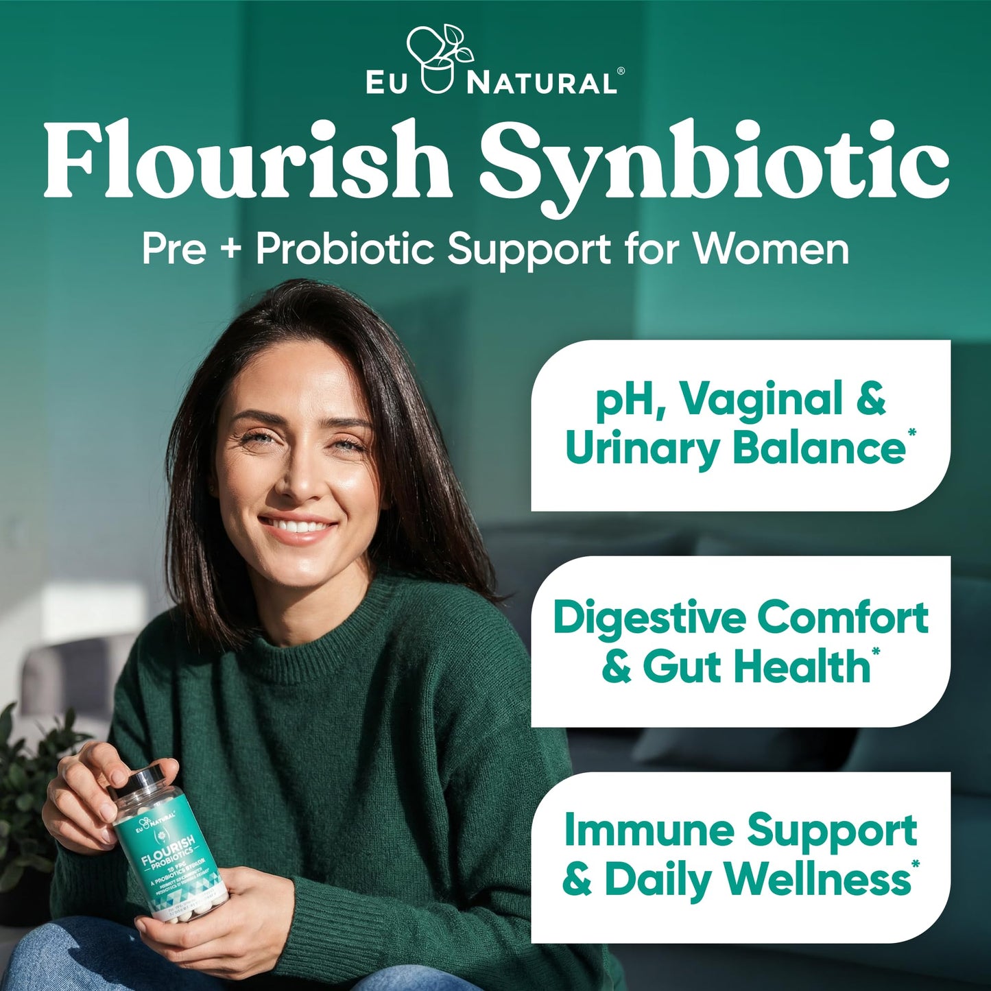 Flourish Probiotics + Prebiotics for Women - Gut and Digestion, Urinary Tract, Reduce Bloating, Vaginal Health - 18 Clinically Proven Strains, 14 Billion CFU - 30 Shelf-Stable Mini Vegan Capsules - dailyvitalstore