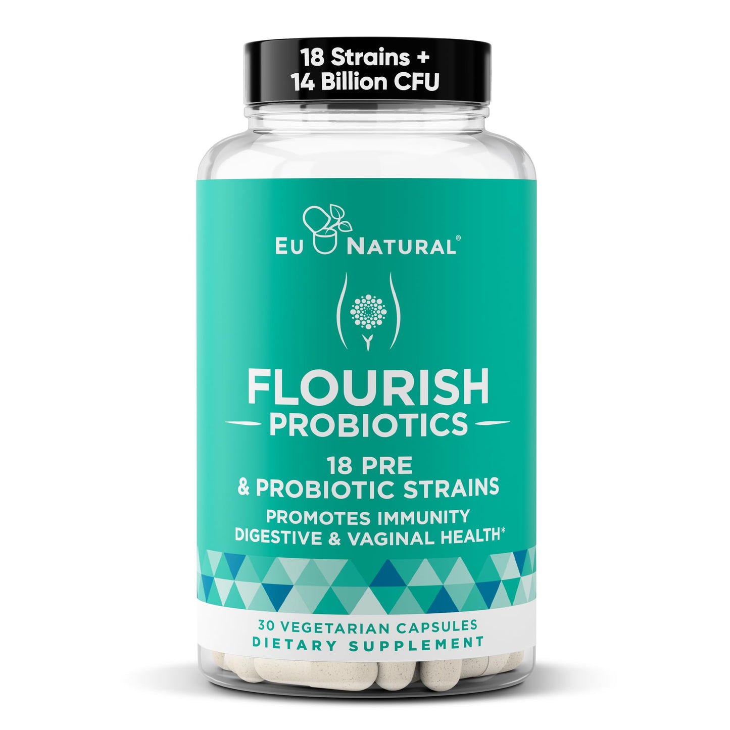 Flourish Probiotics + Prebiotics for Women - Gut and Digestion, Urinary Tract, Reduce Bloating, Vaginal Health - 18 Clinically Proven Strains, 14 Billion CFU - 30 Shelf-Stable Mini Vegan Capsules - dailyvitalstore