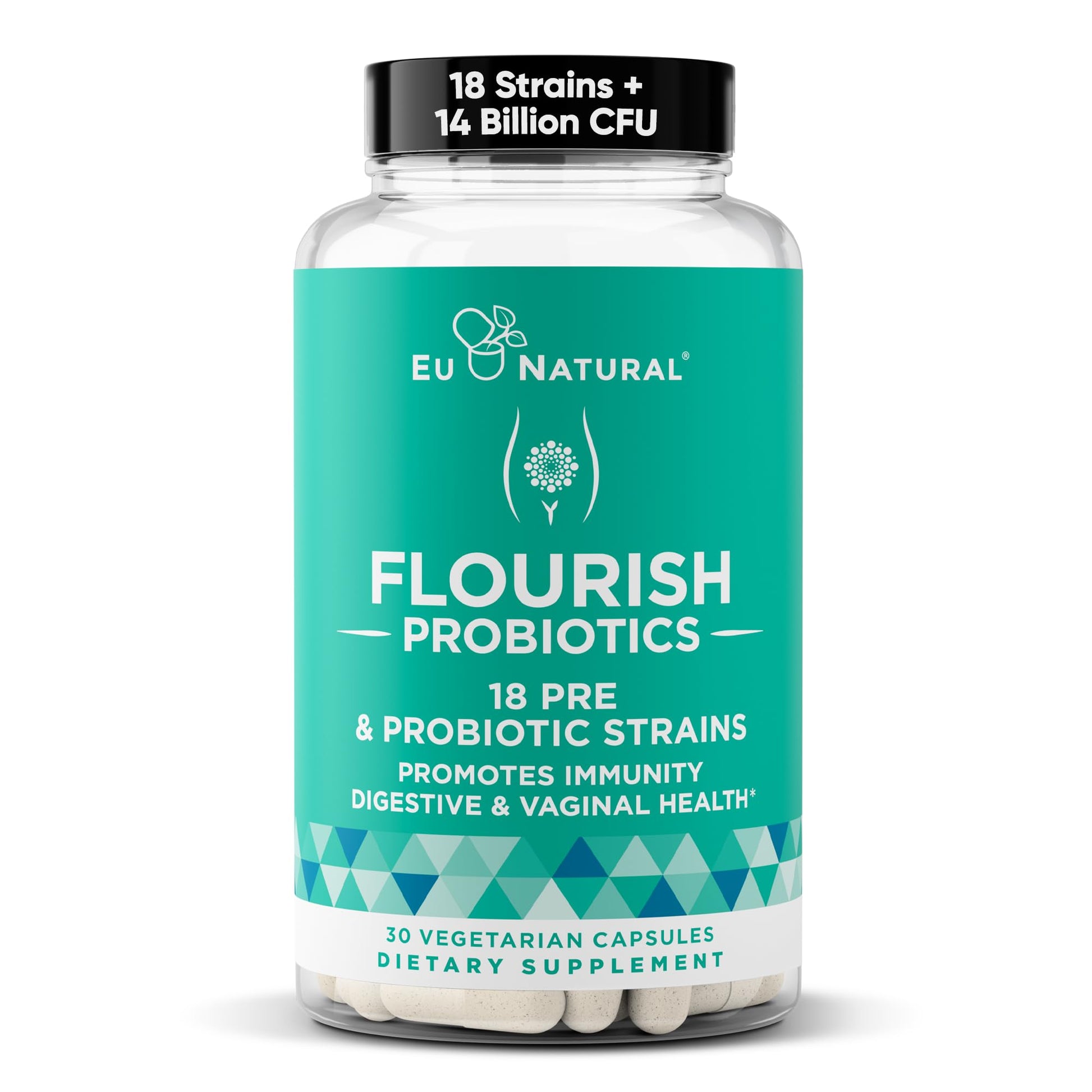 Flourish Probiotics + Prebiotics for Women - Gut and Digestion, Urinary Tract, Reduce Bloating, Vaginal Health - 18 Clinically Proven Strains, 14 Billion CFU - 30 Shelf-Stable Mini Vegan Capsules - dailyvitalstore