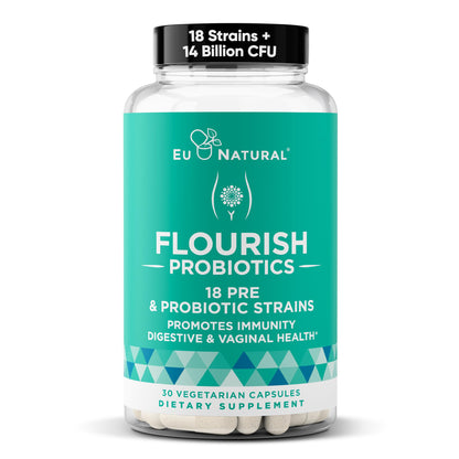 Flourish Probiotics + Prebiotics for Women - Gut and Digestion, Urinary Tract, Reduce Bloating, Vaginal Health - 18 Clinically Proven Strains, 14 Billion CFU - 30 Shelf-Stable Mini Vegan Capsules - dailyvitalstore