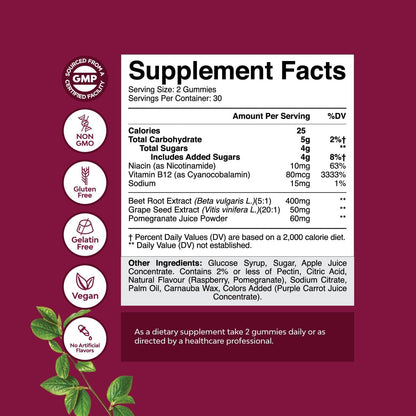 Flow Boosting Beet Root Gummies - Invigorating Beet Gummies for Adults Nitric Oxide Energy & Heart Health Support with Grapeseed Pomegranate & Vitamin B12 - Vegan Non-GMO & Gluten Free - 60 Count - dailyvitalstore
