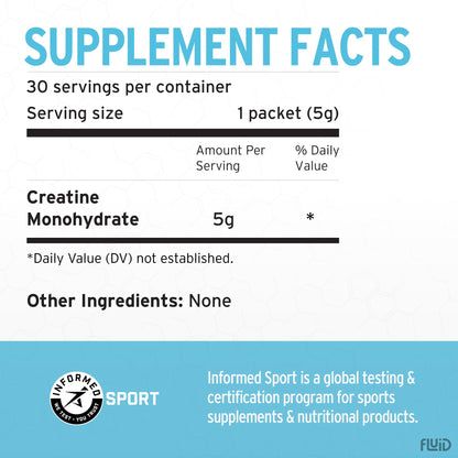 Fluid Creatine - Informed Sport Certified | Ultra-Fine Micronized 100% Creatine Monohydrate Powder | Unflavored | 5g Travel Stick Packs | 30 Servings - dailyvitalstore