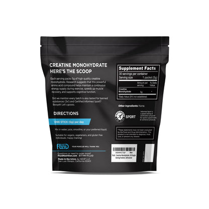 Fluid Creatine - Informed Sport Certified | Ultra-Fine Micronized 100% Creatine Monohydrate Powder | Unflavored | 5g Travel Stick Packs | 30 Servings - dailyvitalstore