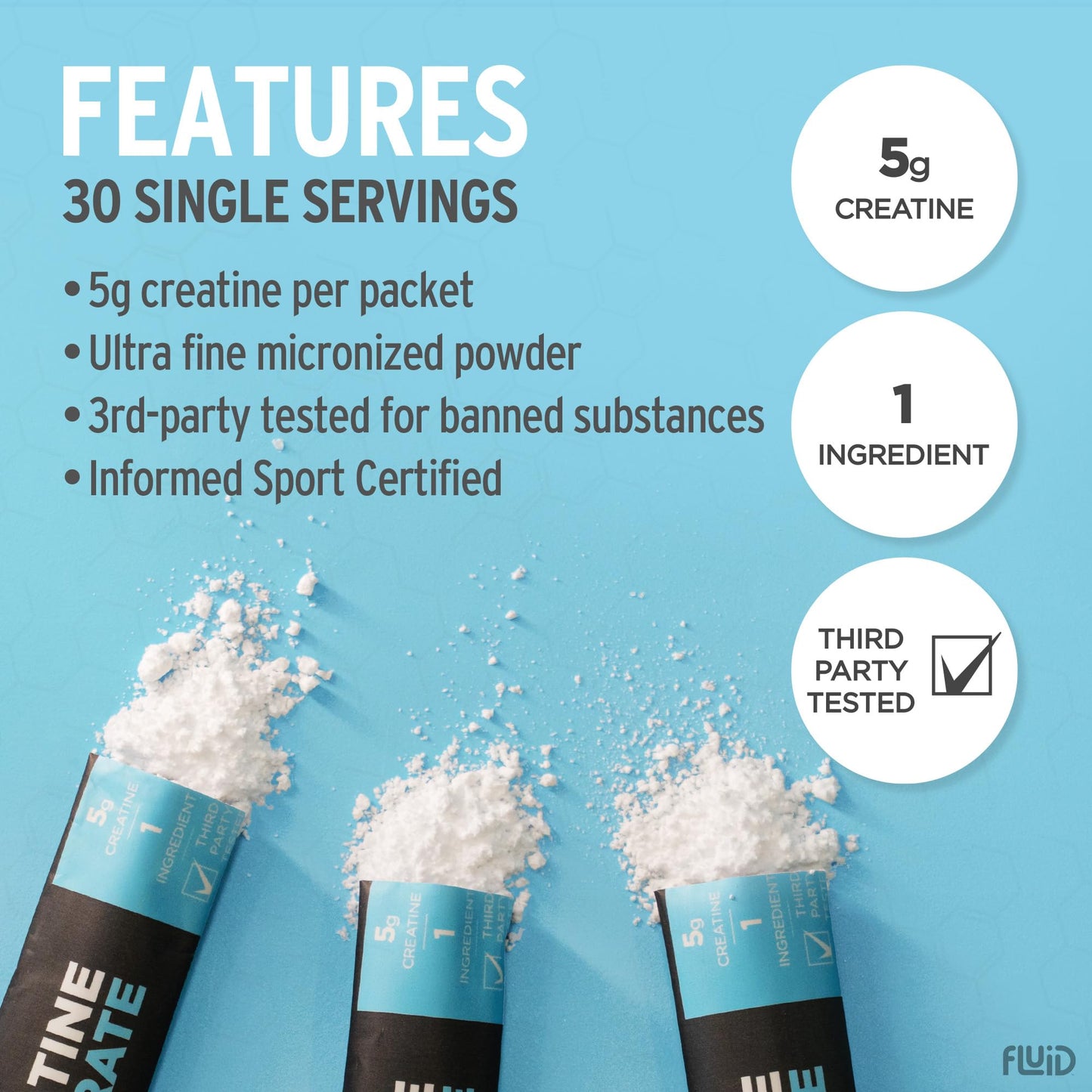 Fluid Creatine - Informed Sport Certified | Ultra-Fine Micronized 100% Creatine Monohydrate Powder | Unflavored | 5g Travel Stick Packs | 30 Servings - dailyvitalstore