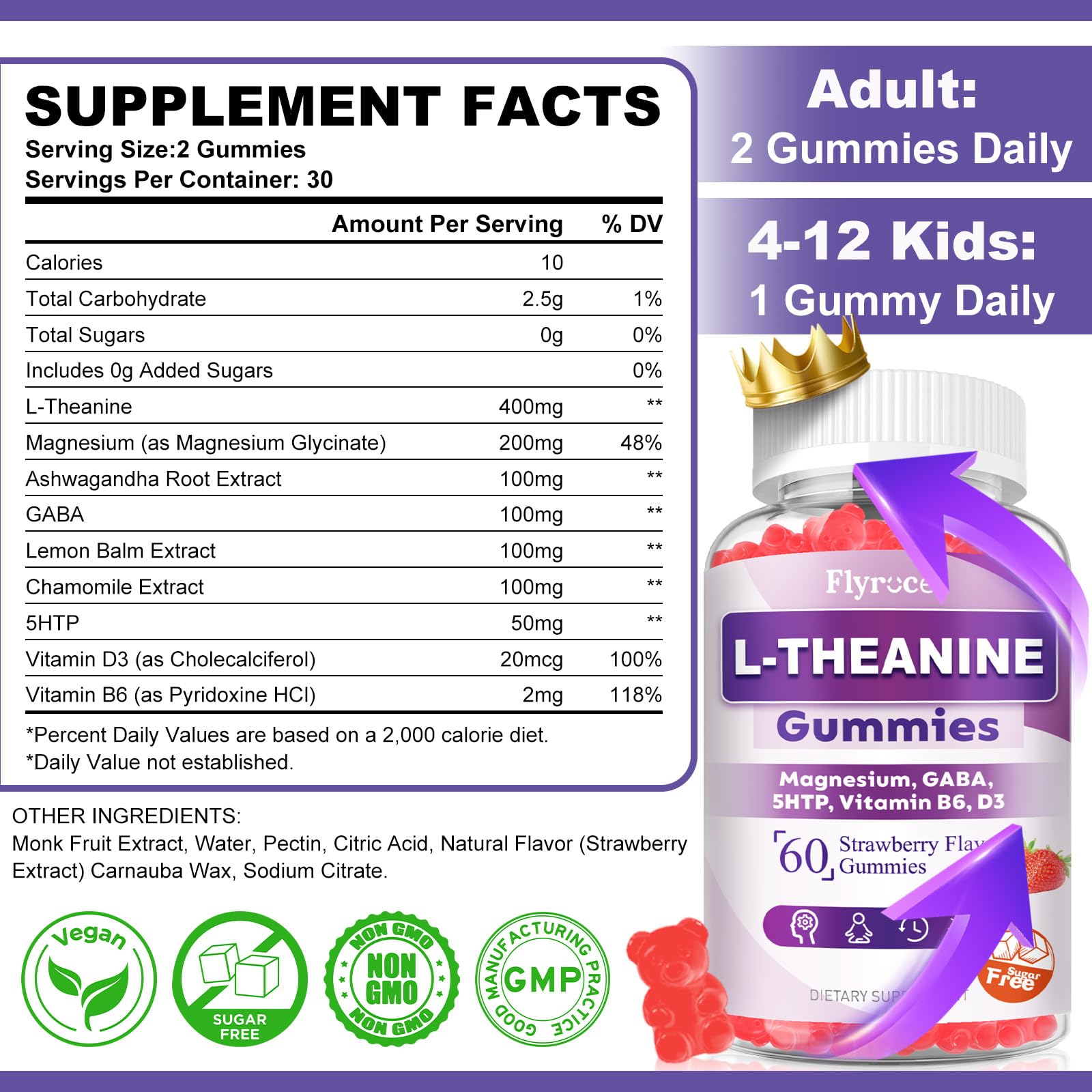 Flyrocer 2 Pack L-Theanine Gummies, L Theanine Supplement for Adults & Kids, L'Theanine with Ashwagandha, Magnesium, 5HTP & GABA - Support Calm, Relax, zzZ, Focus, Vegan Strawberry Flavor, 120 Count - dailyvitalstore