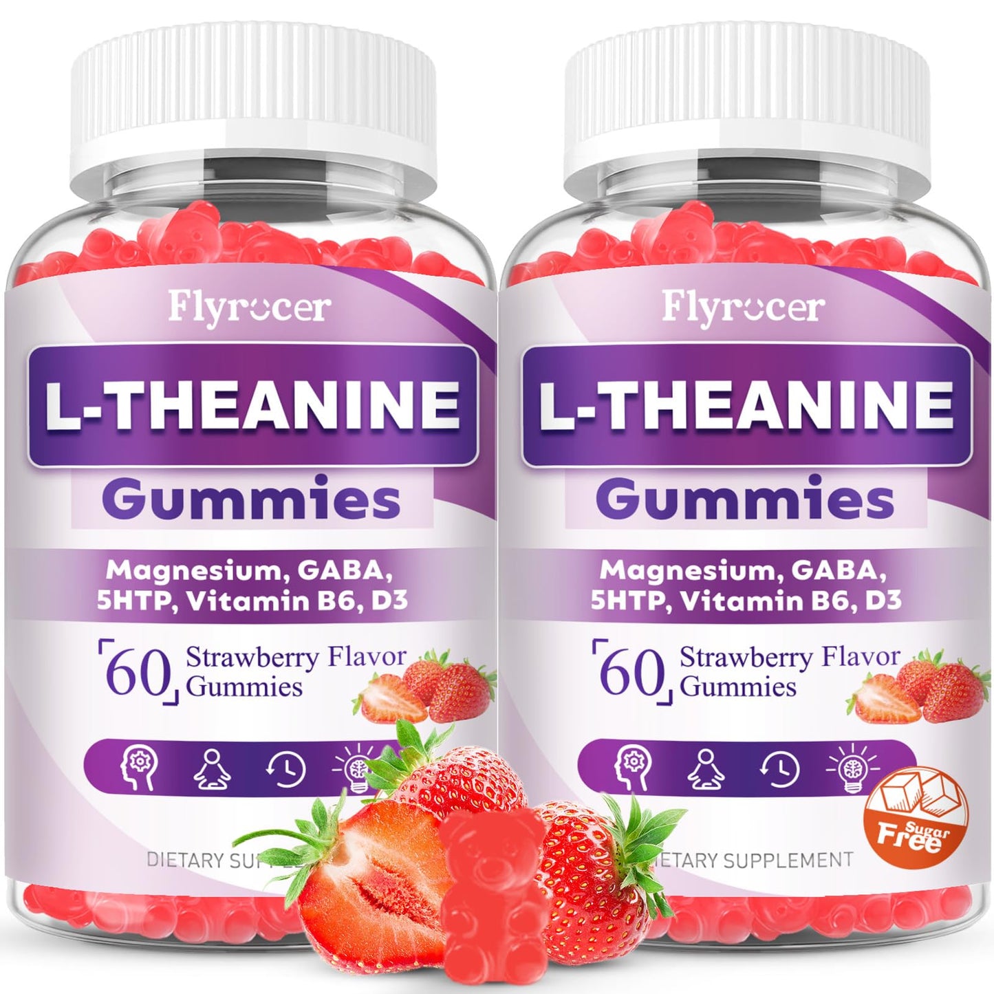 Flyrocer 2 Pack L-Theanine Gummies, L Theanine Supplement for Adults & Kids, L'Theanine with Ashwagandha, Magnesium, 5HTP & GABA - Support Calm, Relax, zzZ, Focus, Vegan Strawberry Flavor, 120 Count - dailyvitalstore