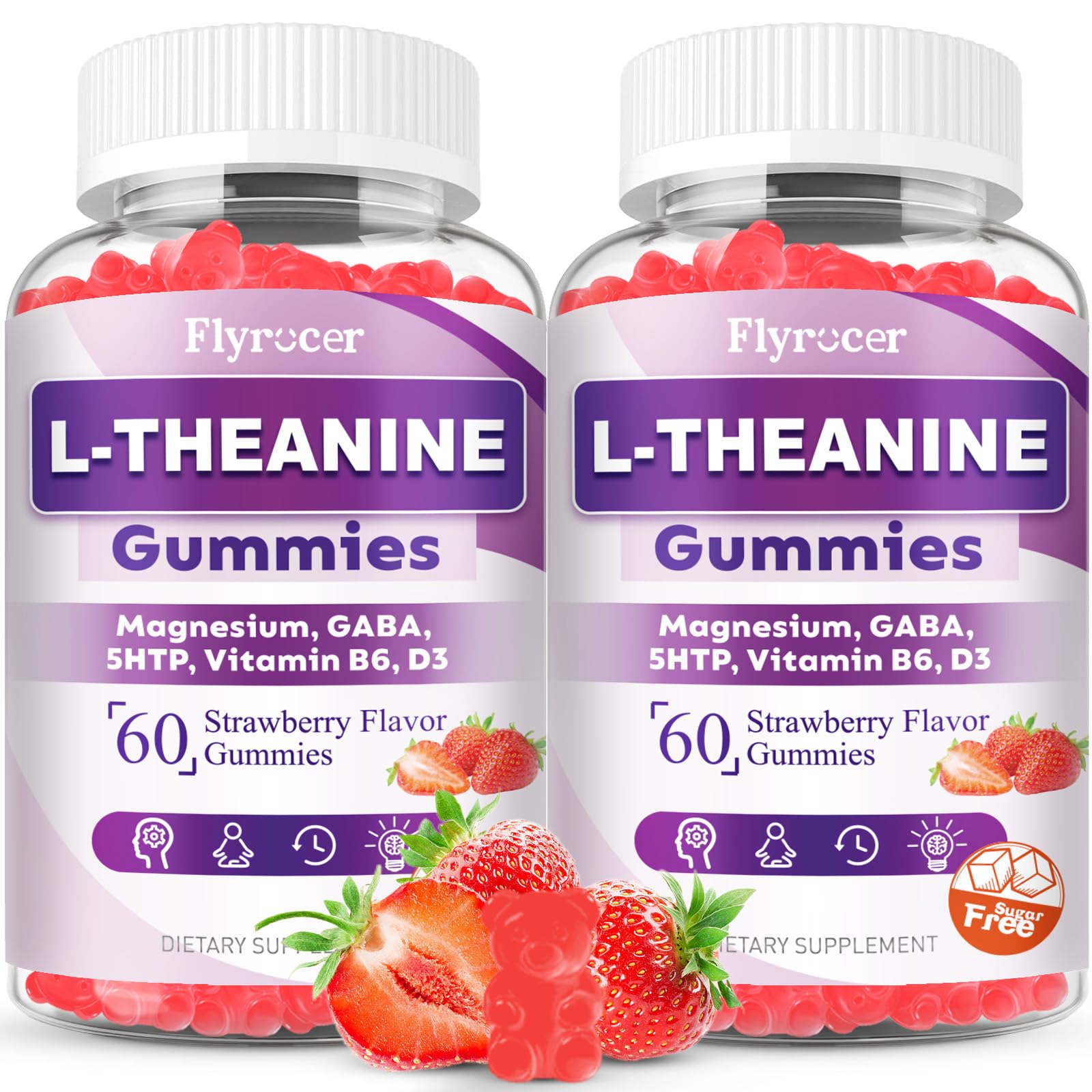 Flyrocer 2 Pack L-Theanine Gummies, L Theanine Supplement for Adults & Kids, L'Theanine with Ashwagandha, Magnesium, 5HTP & GABA - Support Calm, Relax, zzZ, Focus, Vegan Strawberry Flavor, 120 Count - dailyvitalstore