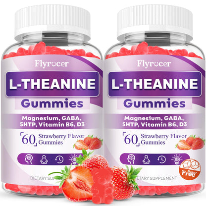 Flyrocer 2 Pack L-Theanine Gummies, L Theanine Supplement for Adults & Kids, L'Theanine with Ashwagandha, Magnesium, 5HTP & GABA - Support Calm, Relax, zzZ, Focus, Vegan Strawberry Flavor, 120 Count - dailyvitalstore