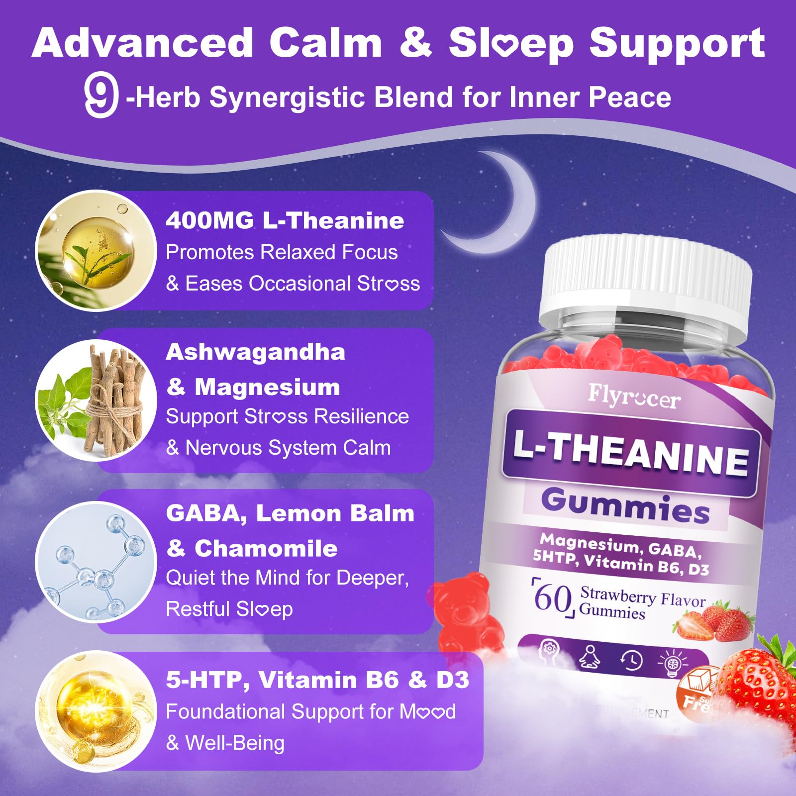 Flyrocer 2 Pack L-Theanine Gummies, L Theanine Supplement for Adults & Kids, L'Theanine with Ashwagandha, Magnesium, 5HTP & GABA - Support Calm, Relax, zzZ, Focus, Vegan Strawberry Flavor, 120 Count - dailyvitalstore