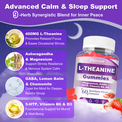 Flyrocer 2 Pack L-Theanine Gummies, L Theanine Supplement for Adults & Kids, L'Theanine with Ashwagandha, Magnesium, 5HTP & GABA - Support Calm, Relax, zzZ, Focus, Vegan Strawberry Flavor, 120 Count - dailyvitalstore