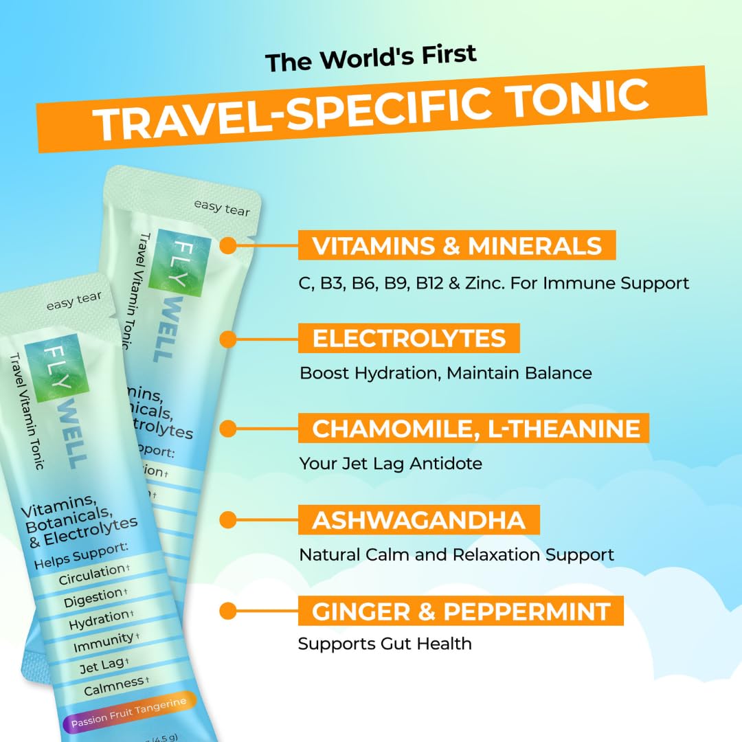 FlyWell Travel Vitamin Tonic for Flight, Jet Lag, Hydration, Circulation, Digestion & Immune Support, Promotes Calmness, Electrolyte Powder, Travel Essentials, - dailyvitalstore