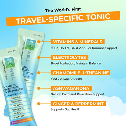FlyWell Travel Vitamin Tonic for Flight, Jet Lag, Hydration, Circulation, Digestion & Immune Support, Promotes Calmness, Electrolyte Powder, Travel Essentials, - dailyvitalstore