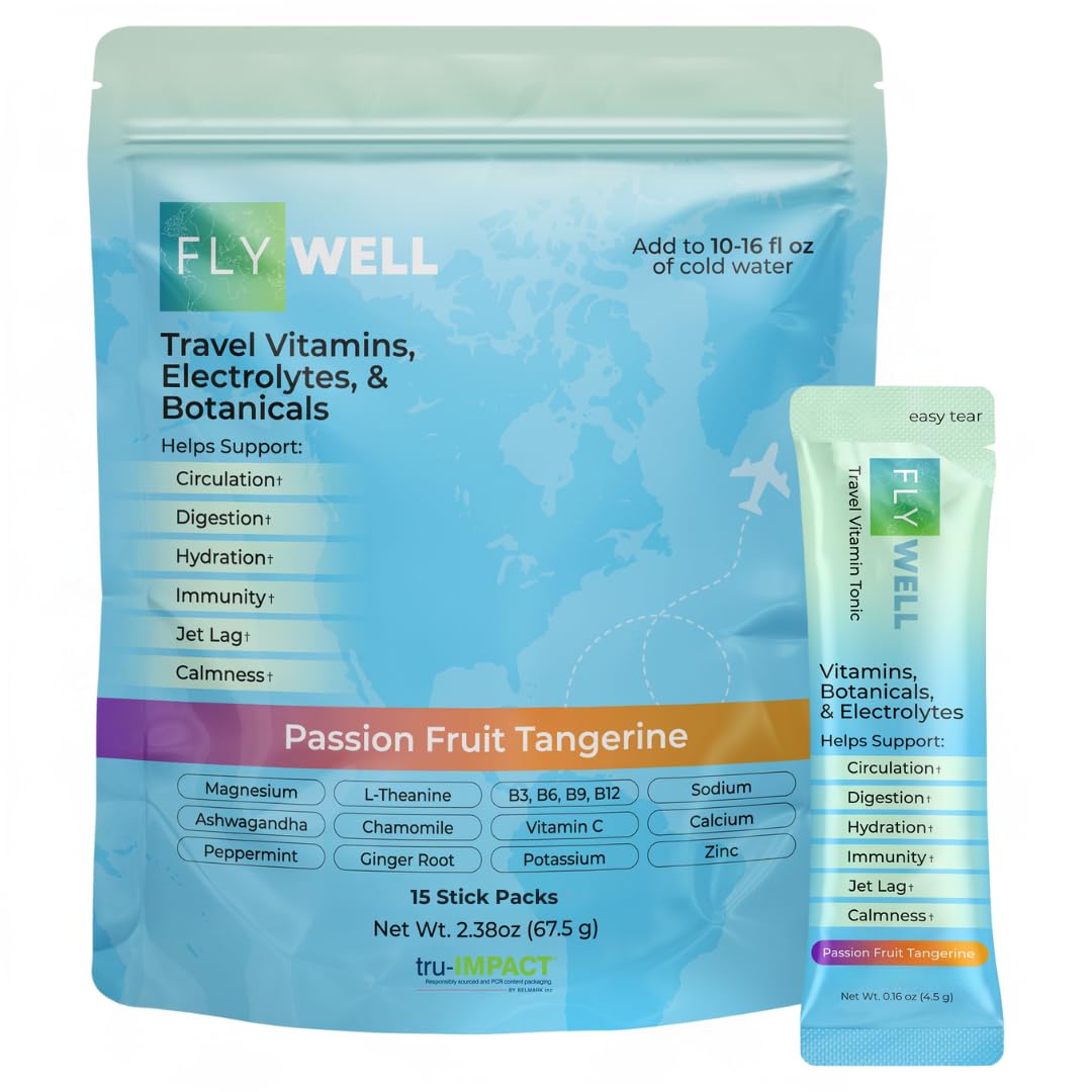 FlyWell Travel Vitamin Tonic for Flight, Jet Lag, Hydration, Circulation, Digestion & Immune Support, Promotes Calmness, Electrolyte Powder, Travel Essentials, - dailyvitalstore