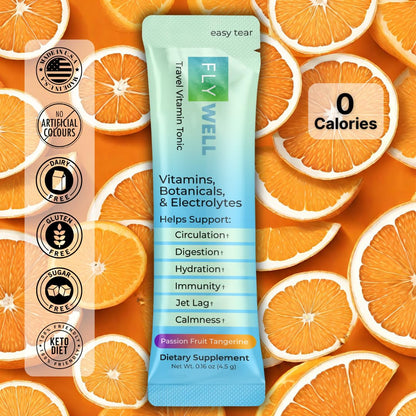 FlyWell Travel Vitamin Tonic for Flight, Jet Lag, Hydration, Circulation, Digestion & Immune Support, Promotes Calmness, Electrolyte Powder, Travel Essentials, - dailyvitalstore