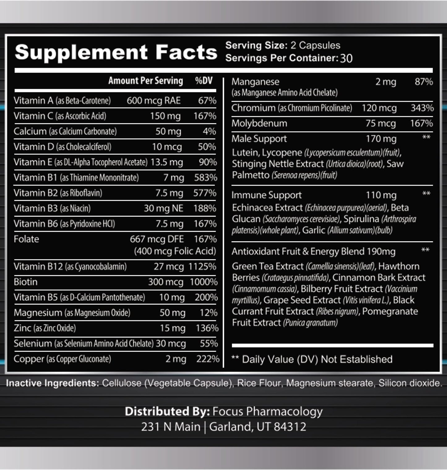 Focus Pharmacology Men's Daily Super Multi-Vitamin for Men - 60 Ct Blend of Vitamins, Minerals, Plus Herbs for Prostate Health and General Energy/Focus - dailyvitalstore