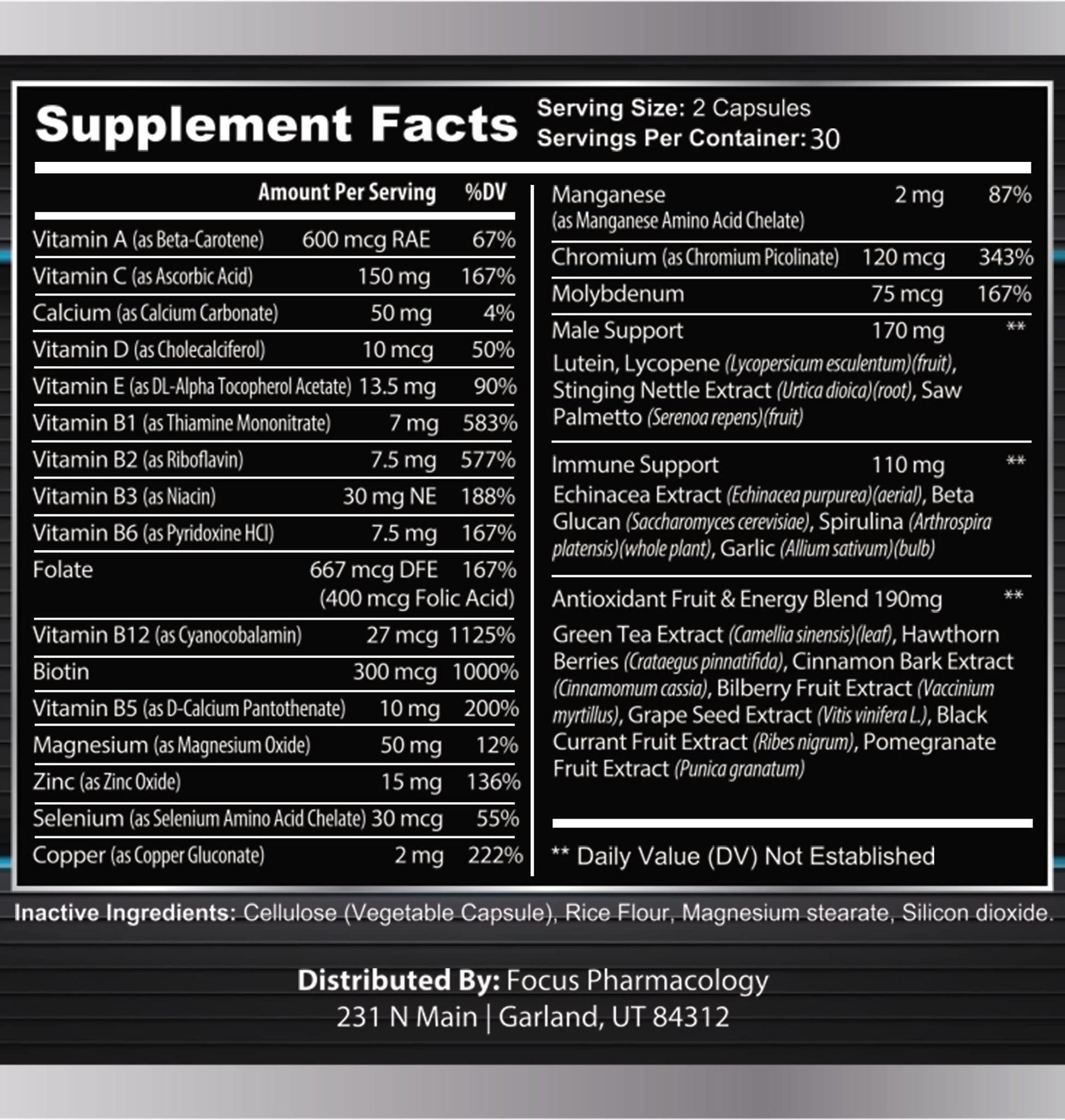 Focus Pharmacology Men's Daily Super Multi-Vitamin for Men - 60 Ct Blend of Vitamins, Minerals, Plus Herbs for Prostate Health and General Energy/Focus - dailyvitalstore
