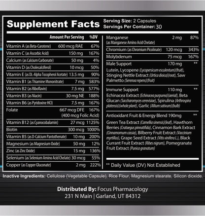 Focus Pharmacology Men's Daily Super Multi-Vitamin for Men - 60 Ct Blend of Vitamins, Minerals, Plus Herbs for Prostate Health and General Energy/Focus - dailyvitalstore