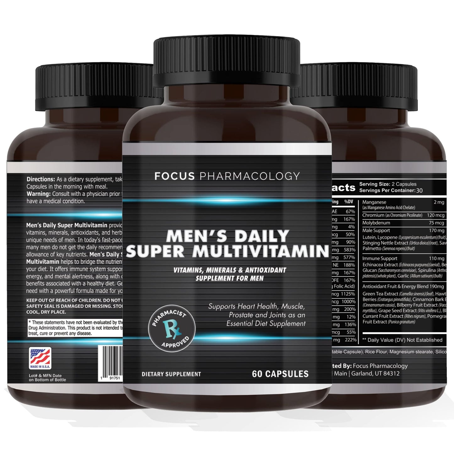 Focus Pharmacology Men's Daily Super Multi-Vitamin for Men - 60 Ct Blend of Vitamins, Minerals, Plus Herbs for Prostate Health and General Energy/Focus - dailyvitalstore