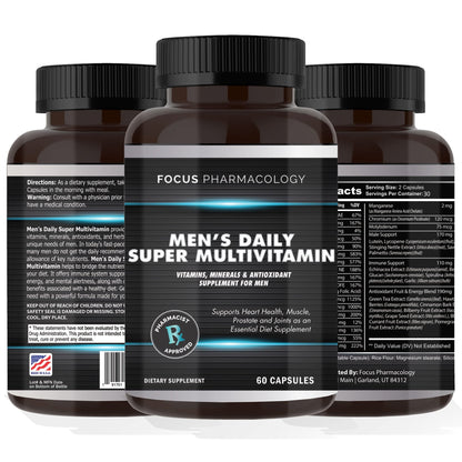 Focus Pharmacology Men's Daily Super Multi-Vitamin for Men - 60 Ct Blend of Vitamins, Minerals, Plus Herbs for Prostate Health and General Energy/Focus - dailyvitalstore