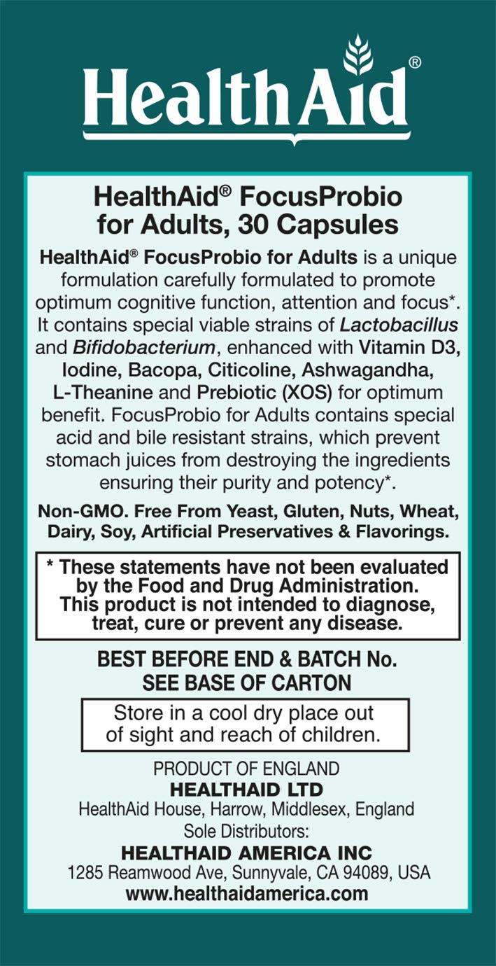 FocusProbio for Adults – 10 Billion CFU Probiotic with Prebiotic, Bacopa, Citicoline, L‑Theanine, Ashwagandha & Vitamin D₃ | Supports Focus, Mood & Gut-Brain Balance – Vegetarian, Once Daily - dailyvitalstore