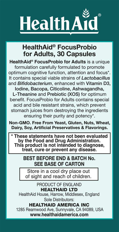 FocusProbio for Adults – 10 Billion CFU Probiotic with Prebiotic, Bacopa, Citicoline, L‑Theanine, Ashwagandha & Vitamin D₃ | Supports Focus, Mood & Gut-Brain Balance – Vegetarian, Once Daily - dailyvitalstore