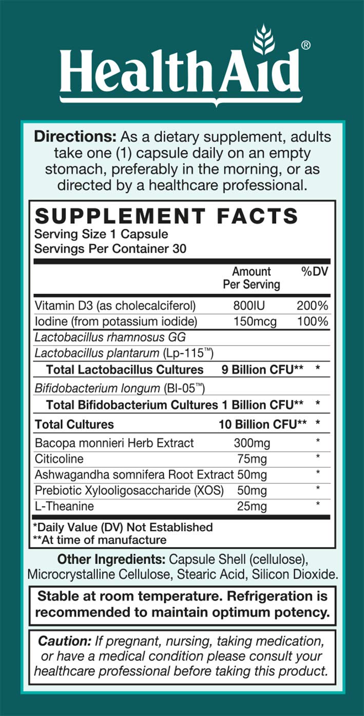 FocusProbio for Adults – 10 Billion CFU Probiotic with Prebiotic, Bacopa, Citicoline, L‑Theanine, Ashwagandha & Vitamin D₃ | Supports Focus, Mood & Gut-Brain Balance – Vegetarian, Once Daily - dailyvitalstore