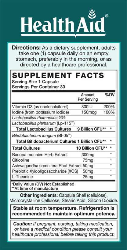FocusProbio for Adults – 10 Billion CFU Probiotic with Prebiotic, Bacopa, Citicoline, L‑Theanine, Ashwagandha & Vitamin D₃ | Supports Focus, Mood & Gut-Brain Balance – Vegetarian, Once Daily - dailyvitalstore