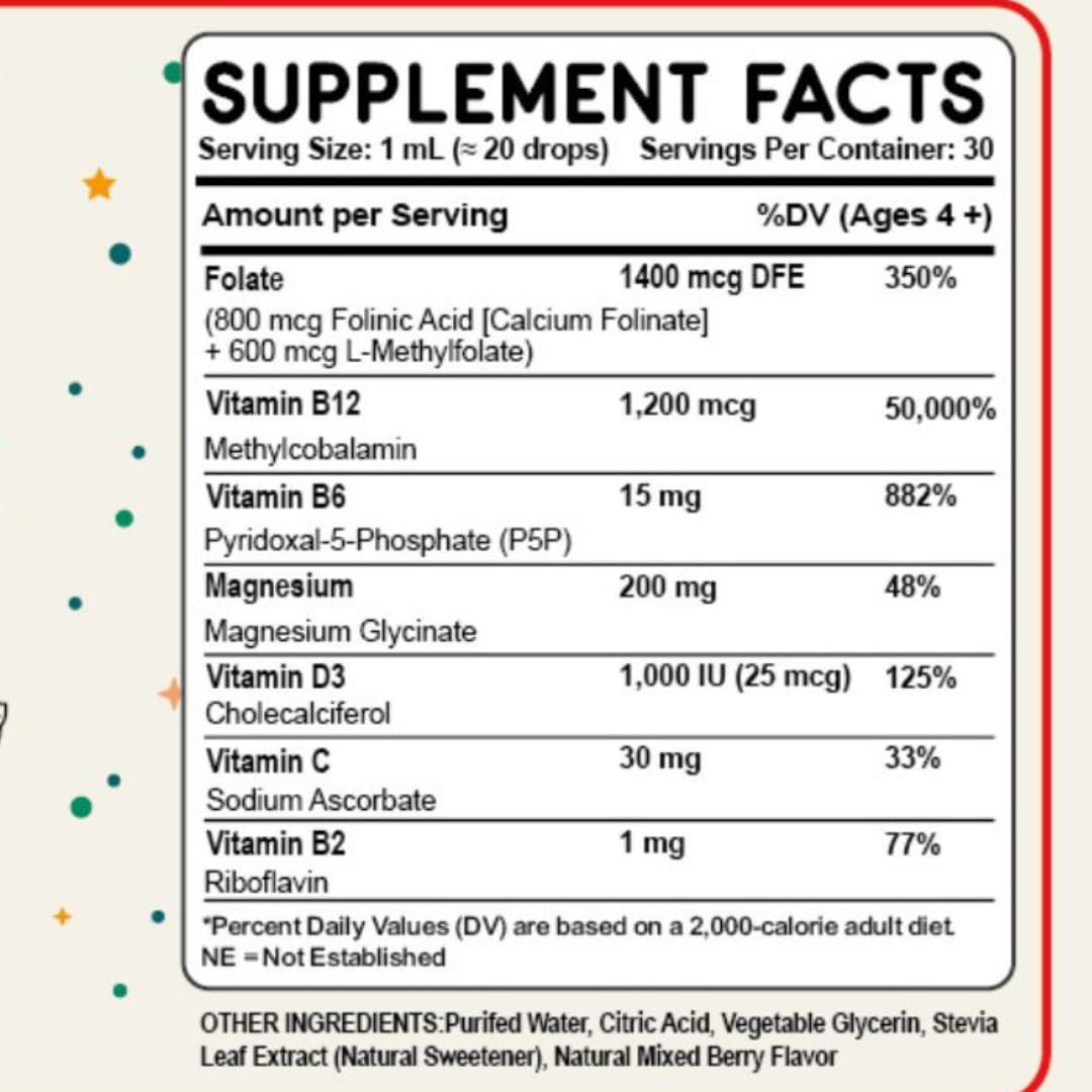 Folinic Acid Drops Kids 800 mcg + L-Methylfolate + B12 +P5P B6 Gentle Methylation Great Taste, Magnesium Glycinate, Vitamin D3 & C Folate Support for Brain,Focus, Mood & Cellular Health 5-MTHF Drops - dailyvitalstore