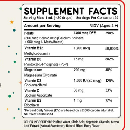 Folinic Acid Drops Kids 800 mcg + L-Methylfolate + B12 +P5P B6 Gentle Methylation Great Taste, Magnesium Glycinate, Vitamin D3 & C Folate Support for Brain,Focus, Mood & Cellular Health 5-MTHF Drops - dailyvitalstore