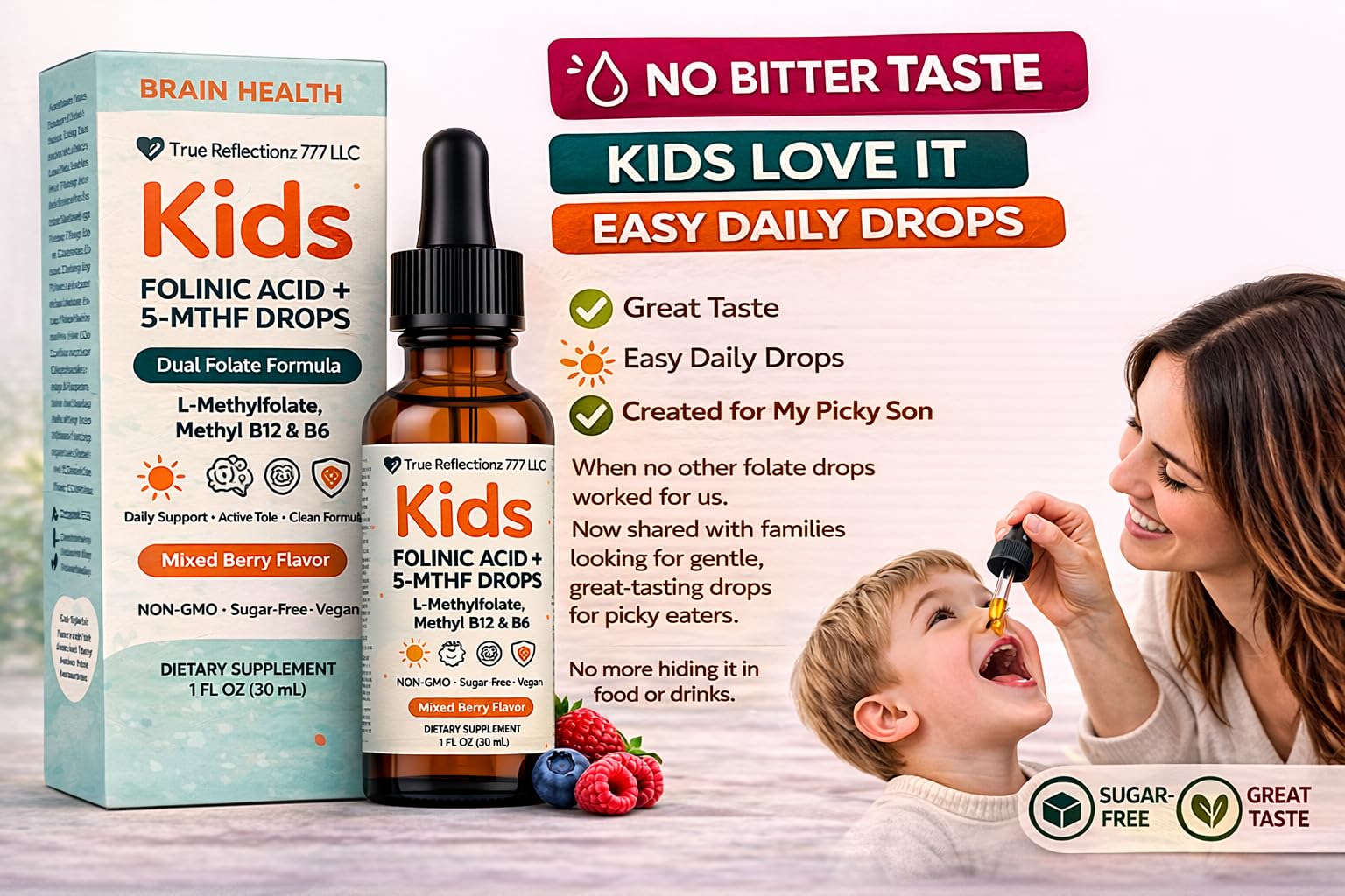 Folinic Acid Drops Kids 800 mcg + L-Methylfolate + B12 +P5P B6 Gentle Methylation Great Taste, Magnesium Glycinate, Vitamin D3 & C Folate Support for Brain,Focus, Mood & Cellular Health 5-MTHF Drops - dailyvitalstore