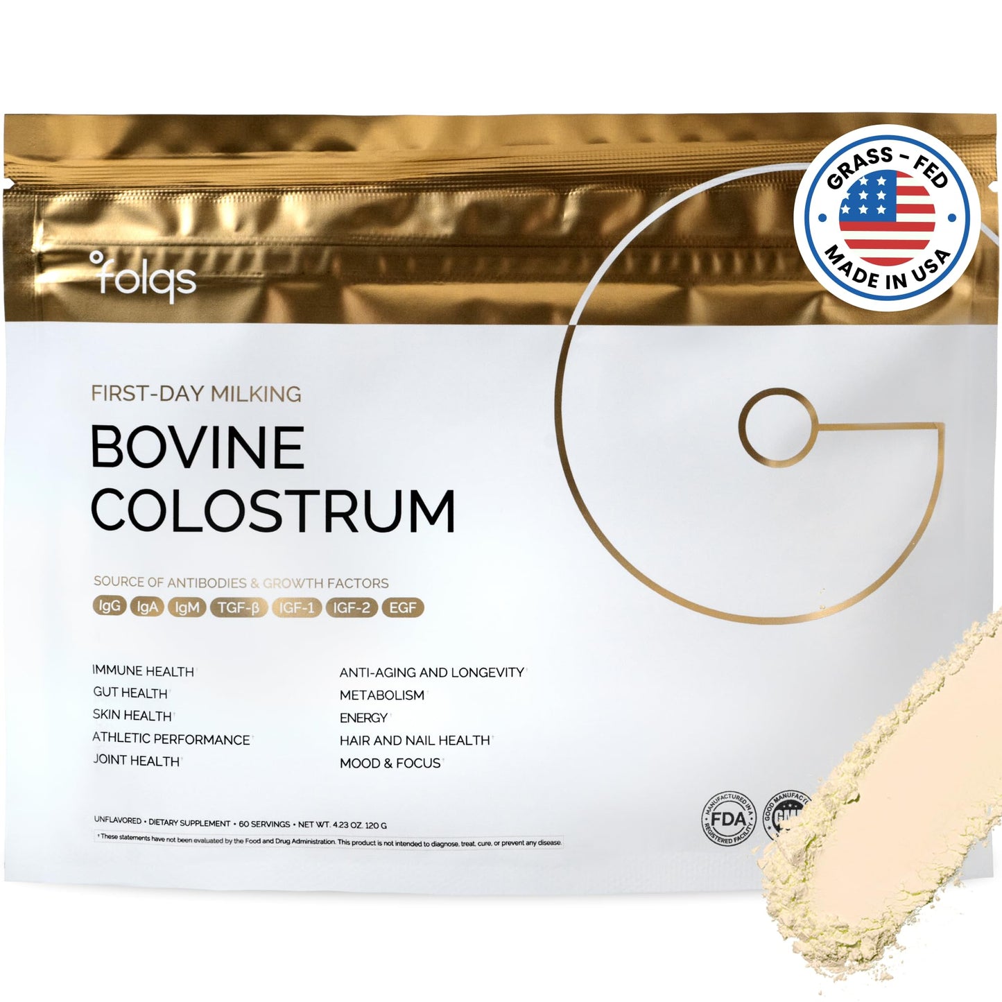 Folqs Bovine Colostrum Powder – First-Day Milking for Immune & Gut Support – 60 Servings – Supports Skin & Tissue Health – Made in USA - Amino Acids, - dailyvitalstore