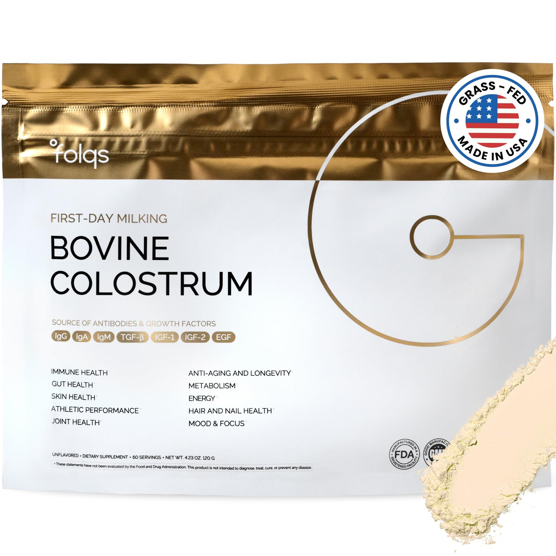 Folqs Bovine Colostrum Powder – First-Day Milking for Immune & Gut Support – 60 Servings – Supports Skin & Tissue Health – Made in USA - Amino Acids, - dailyvitalstore