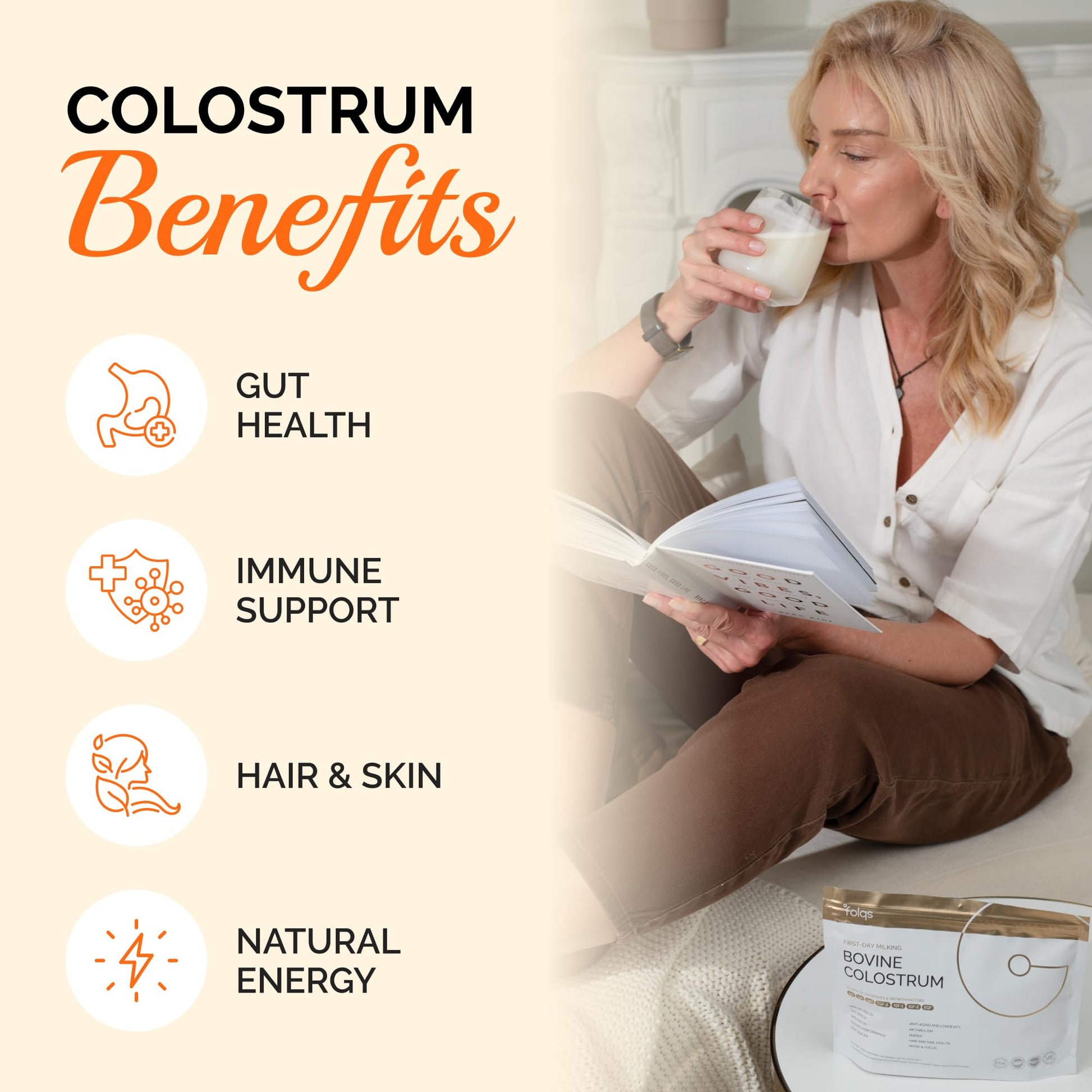 Folqs Bovine Colostrum Powder – First-Day Milking for Immune & Gut Support – 60 Servings – Supports Skin & Tissue Health – Made in USA - Amino Acids, - dailyvitalstore