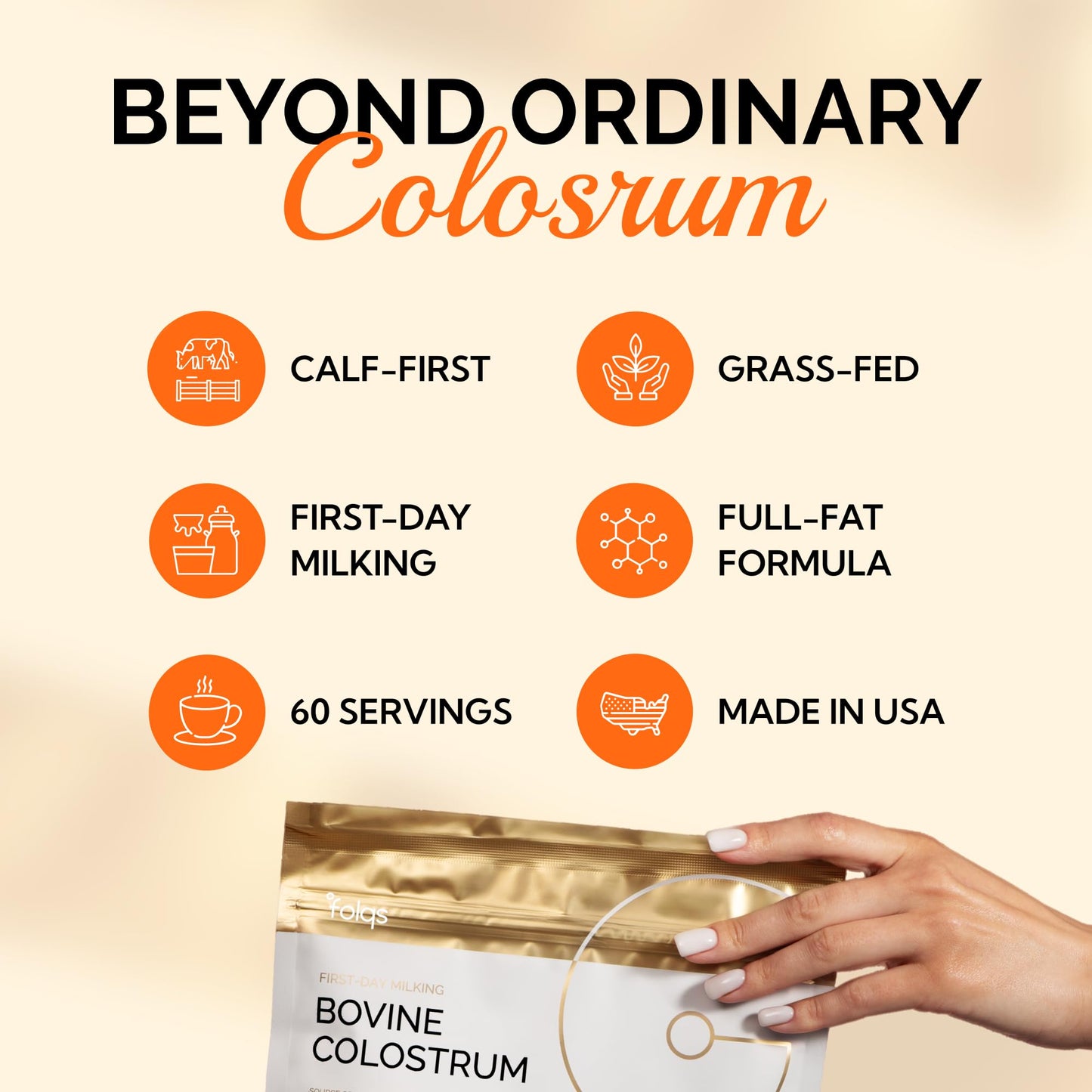 Folqs Bovine Colostrum Powder – First-Day Milking for Immune & Gut Support – 60 Servings – Supports Skin & Tissue Health – Made in USA - Amino Acids, Vitamins, Minerals – Kosher - Sustainably Sourced - dailyvitalstore