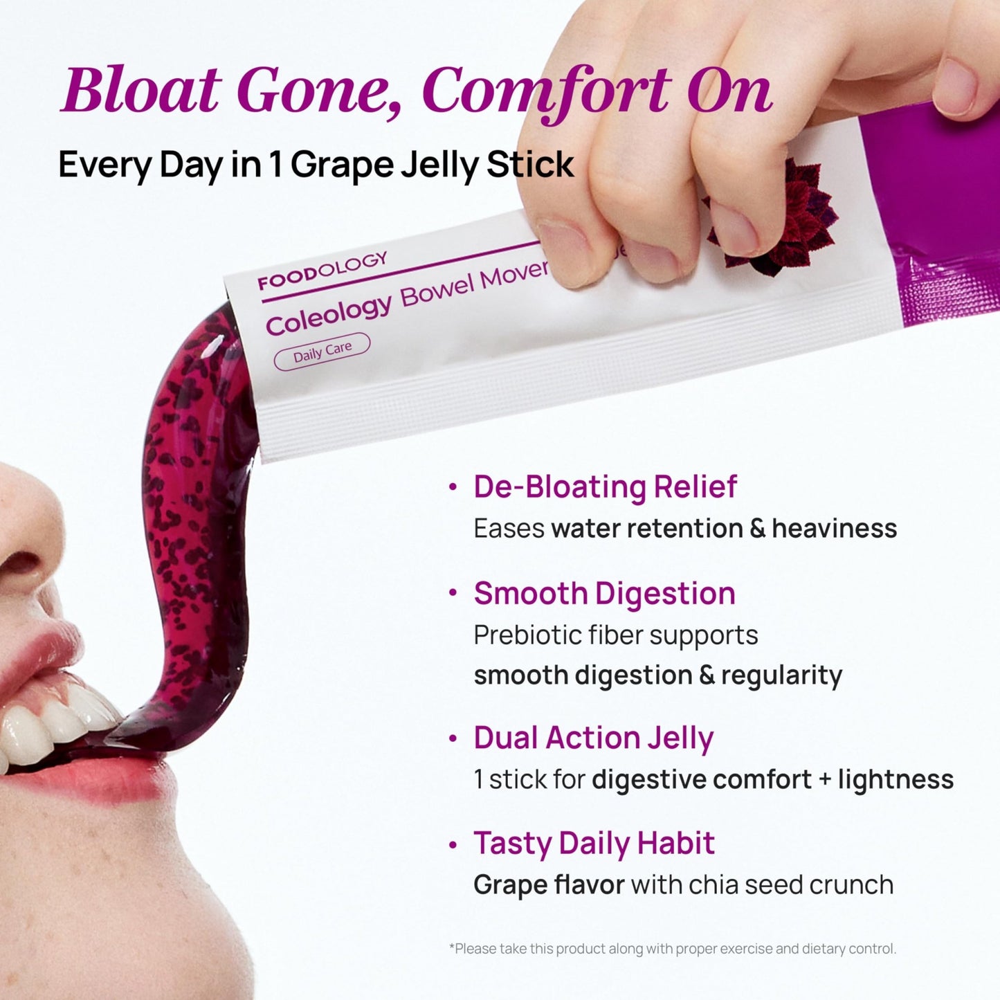 FOODOLOGY Coleology Bowel Movement Jelly (Grape & Prune) – Prebiotic Fiber Supplement for Gut Health & Daily Regularity, Chia Seeds, Korean Supplement – 10 Sticks - dailyvitalstore