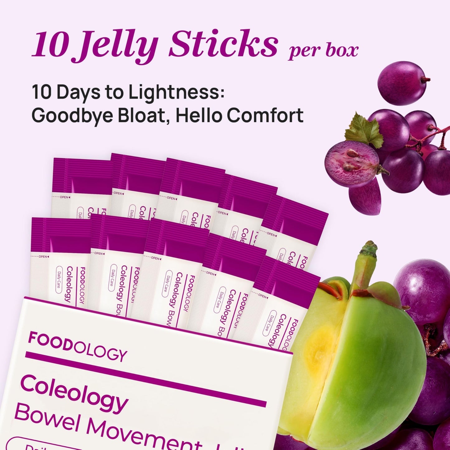 FOODOLOGY Coleology Bowel Movement Jelly (Grape & Prune) – Prebiotic Fiber Supplement for Gut Health & Daily Regularity, Chia Seeds, Korean Supplement – 10 Sticks - dailyvitalstore
